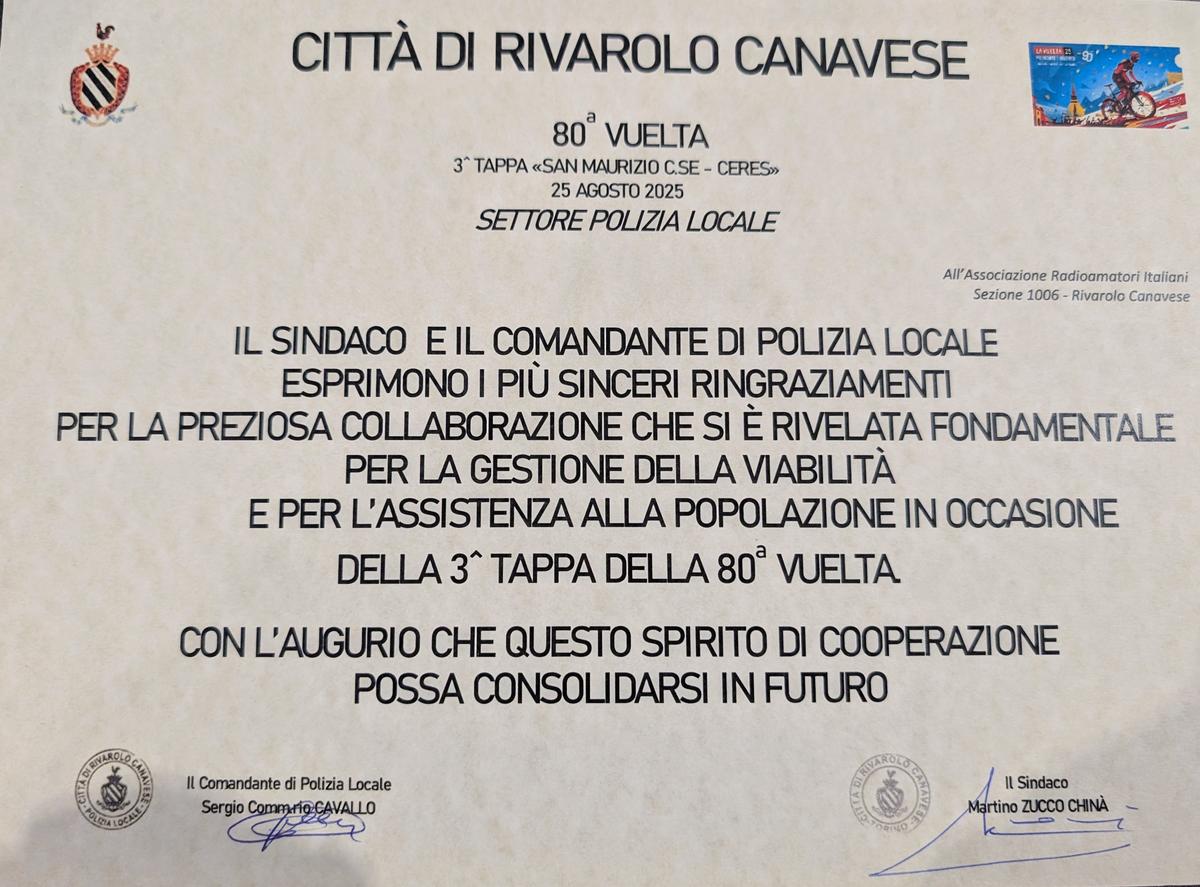 Attestato di ringraziamento del Comune di Rivarolo Canavese per la collaborazione alla 80ª Vuelta
